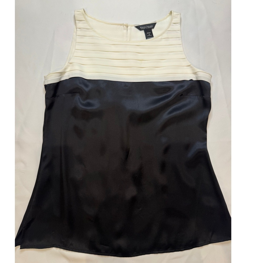 White House Black Market Silk Tank Top Women 4 Black Cream Pleated Yoke